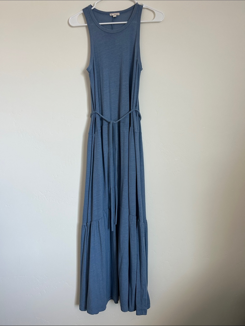 GAP Steel Blue Sleeveless Maxi Dress with Waist Tie